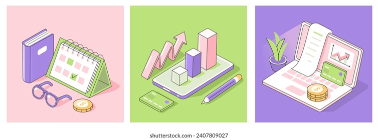 Financial administration set. Office desk with money, credit card for annual payment, taxes, salary. Calendar with pay date deadline. Business bill on pay day. Flat isometric vector illustration 