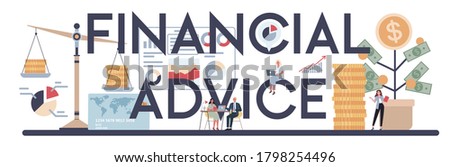 Financial advice typographic header. Business character making financial operation. Budget analysis, financial consultant, counseling. Isolated flat vector illustration