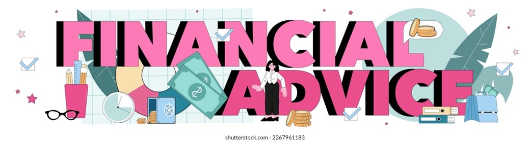 Typografischer Header der Finanzberatung. Unternehmenswirtschaftsstrategie und Buchführungsberatung. Office-Zeichen analysieren Finanzdaten für die Geschäftsentwicklung. Flache Vektorgrafik