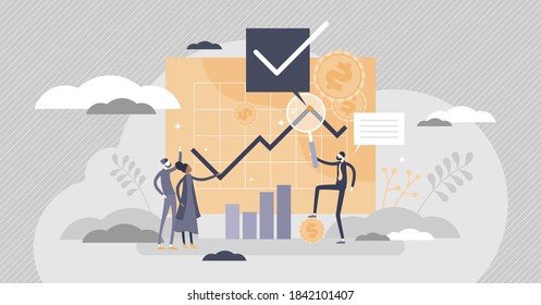Financial adviser as money consulting advice and support tiny person concept. Stock sell and buy moment recommendation for investors vector illustration. Economical profit strategy planning assistance