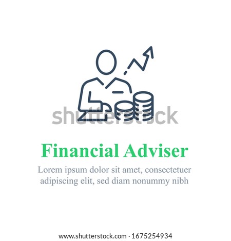 Financial adviser, stock market analysis and investment strategy, trust or wealth management, vector line icon