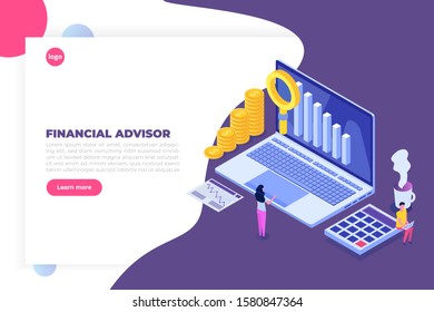 Financial advisor or administration isometric concept with characters. Hero images. Vector illustration isolated on white background.