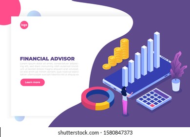Financial advisor or administration isometric concept with characters. Hero images. Vector illustration isolated on white background.