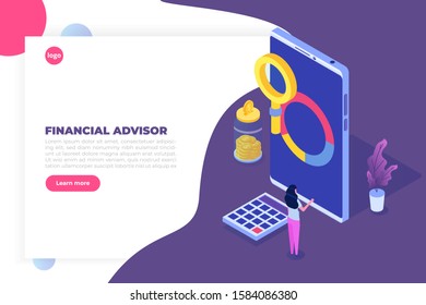 Financial advisor or administration isometric concept with characters. Hero images. Vector illustration isolated on white background.
