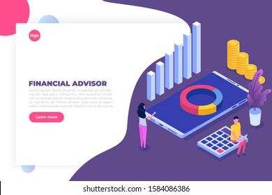 Financial advisor or administration isometric concept with characters. Hero images. Vector illustration isolated on white background.