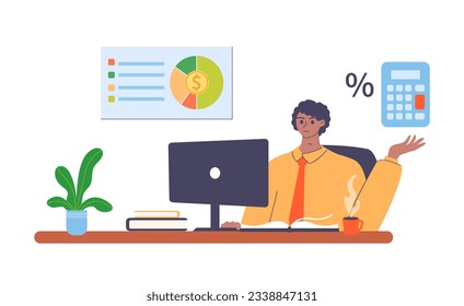 Financial advisor. Analyzing corporate or personal budget, calculate expenses and income. Vector of investment analysis, illustration of finance report
