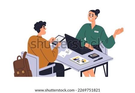 Financial advisor, bank consultant helping, consulting client on finance analysis, tax law. Adviser and person during consultation. Flat graphic vector illustration isolated on white background