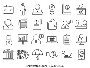 Financial advisor bank icons set. Outline set of financial advisor bank vector icons for web design isolated on white background