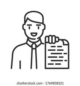 Icono de línea negra del asesor financiero. Asesoramiento sobre inversión, ahorro de dinero. Consultoría financiera. Pictograma para página web, aplicación móvil, promoción. elemento de diseño de interfaz gráfica de usuario (GUI) de UI UX. Trazo editable.