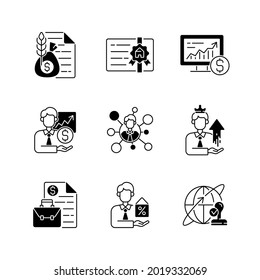 Analizador financiero conjunto de iconos lineales negros. Servicios de intermediarios de productos básicos. Licencia profesional. Negociación de acciones en línea. Contrato comercial. Símbolos de contorno de glifo. Ilustraciones de contorno aisladas de vectores