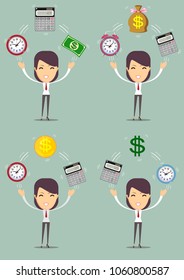 financial advisor - Bookkeeping services and time management. set. Profit, finances concept. Vector, flat illustration