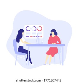 financial advisor, business analyst, girl working with financial data, vector