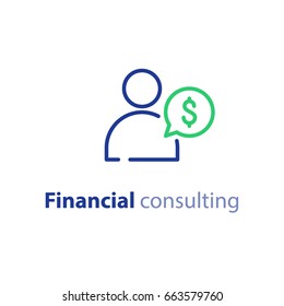 Financial advisor, business consulting, investment assistance, finance guidance concept, vector mono line icon
