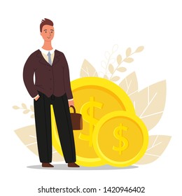 Financial advisor. Businessman is standing near coins, business finance concept, flat vector illustration