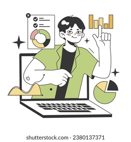 Financial advisor calculating budget, analyzing finance report with business chart. Accounter help. Financial literacy education. Flat vector illustration