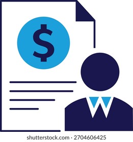 Icono de cliente de asesor financiero con documento de signo de dólar