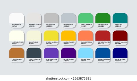 Financial Advisor Color Guide Palette with Color Names. Catalog Sample Financial Advisors with RGB HEX codes and Names. Financial Advisor Color Palette, Fashion Trend Financial Advisor Color Palette