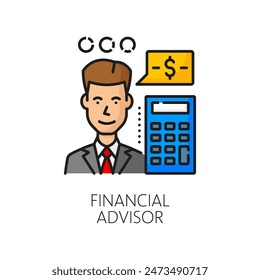 Financial advisor color line icon, vector business, money, finance and investment. Outline man and calculator symbol of professional financial service, investment adviser, broker and accountant