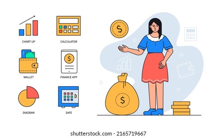 Finanzberater - bunter Plakat im flachen Design mit thematischen Symbolen. Eine Komposition mit einer jungen Frau, Geldsack und Münzstapel. Diagramme, Taschenrechner, Geldbeutel, Finanz-App, sichere Bilder