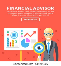 Financial advisor concept. Business character and presentation board. Modern graphic elements set for web banners, web design, infographics, printed materials. Creative flat design vector illustration
