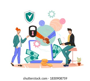 Financial advisor concept with businessman meeting professional specialist for advice. Business consultant analyzing financial documentation of company, flat cartoon vector illustration isolated.