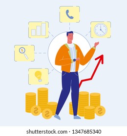 Asesor Financiero, Ilustración del Vector Consultor. Administración de tiempo. Analista de negocios. Marketer, Financiador. Gestión financiera. Diagrama, crecimiento gráfico. Beneficio, ingreso. Banca, financiación, inversión
