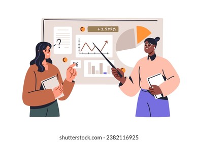 Financial advisor consulting on finance management, business audit and analysis, accounting. Economics, investing strategy and money expert. Flat vector illustration isolated on white background