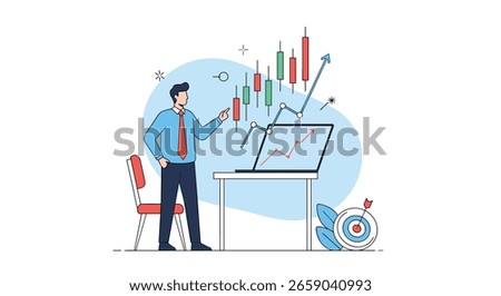 Financial advisor explains investment strategy success to business team using growth charts and digital analytics
