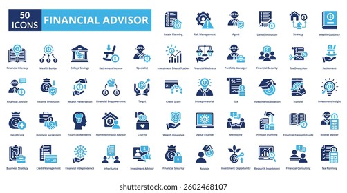 Financial Advisor fill icon collection set. Includes meeting, office, financial, business, finance, talking, client, company, planning, consulting, investment, conversation