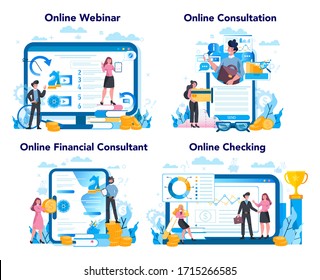 Financial advisor or financier concept. Business character making financial operation. Calculator, investment, research and contract. Isolated flat vector illustration