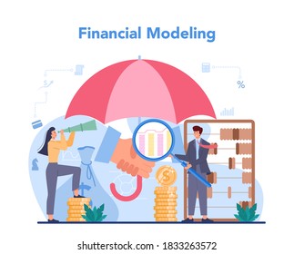 Financial advisor or financier concept. Business character making banking operations and control. Financial modeling. Isolated flat vector illustration