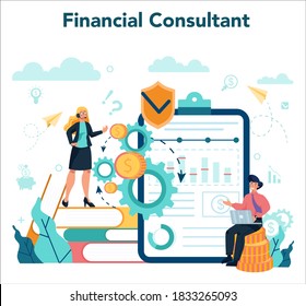 Financial advisor or financier concept. Business character making financial operation. Calculator, investment, research and contract. Isolated flat vector illustration