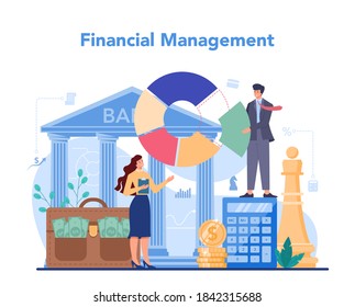 Financial advisor or financier concept. Business character making banking operations and control. Financial managemet. Isolated flat vector illustration