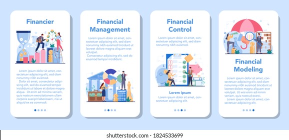 Banner-Set für Finanzberater oder Finanzdienstleister für mobile Applikationen. Business-Charakter-Banking-Operationen und Kontrolle. Finanzmanagement, Kontrolle und Modellierung. Einzelne flache Vektorgrafik
