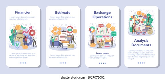 Financial advisor or financier mobile application banner set. Business character making banking operations and exchange control. Financial managemet, analysis, and budgeting. Flat vector illustration