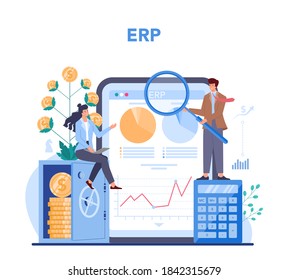 Financial advisor or financier online service or platform. Business character making banking operations and control. Online ERP. Vector illustration