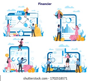 Asesora financiera o plataforma de financiamiento en un conjunto de conceptos de dispositivo diferente. Funcionamiento financiero de carácter comercial. Calculadora, inversión, investigación y contrato. Ilustración vectorial aislada