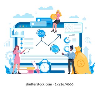 Financial advisor or financier platform on differernt device concept. Business character making financial operation. Calculator, investment, research and contract. Isolated flat vector illustration