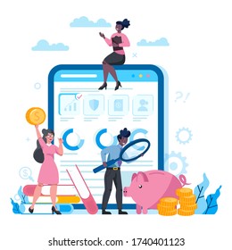 Financial advisor or financier platform on differernt device concept. Business character making financial operation. Calculator, investment, research and contract. Isolated flat vector illustration