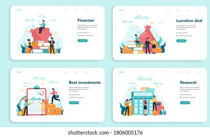 Financial advisor or financier web banner or landing page set. Business character making financial operation. Calculator, investment, research and contract. Isolated flat vector illustration