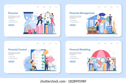 Financial advisor or financier web banner or landing page set. Business character making banking operations and control. Financial managemet, control and modeling. Isolated flat vector illustration