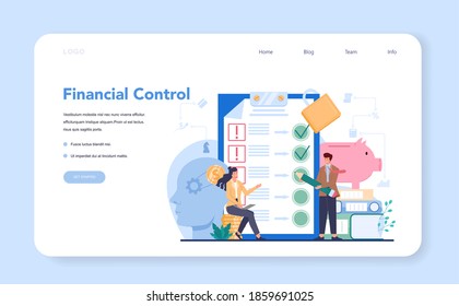 Financial advisor or financier web banner or landing page. Business character making banking operations and control. Financial control. Isolated flat vector illustration