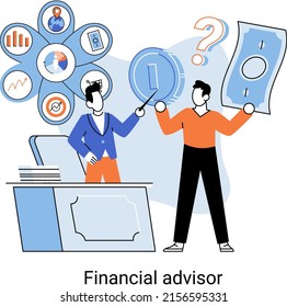 Financial advisor giving advice investment money market analysis management planning for customer. Fiscal consultant professional in finance. Business development successful vested interests metaphor