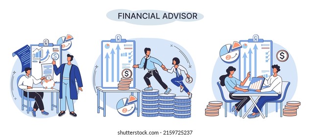 Financial advisor giving advice investment money market analysis management planning for customer. Fiscal consultant professional in finance. Business development successful vested interests metaphor