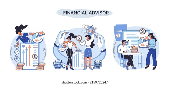 Financial advisor giving advice investment money market analysis management planning for customer. Fiscal consultant professional in finance. Business development successful vested interests metaphor