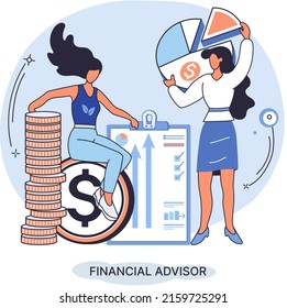 Financial advisor giving advice investment money market analysis management planning for customer. Fiscal consultant professional in finance. Business development successful vested interests metaphor