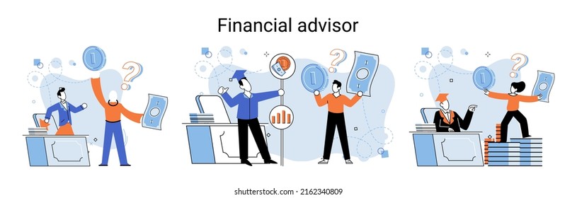 Financial advisor giving advice investment money market analysis management planning for customer. Fiscal consultant professional in finance. Business development successful vested interests metaphor