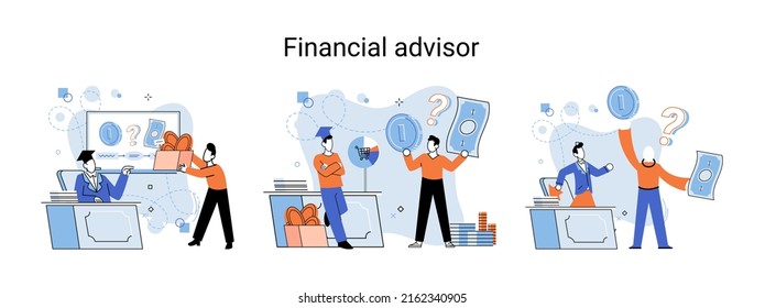 Financial advisor giving advice investment money market analysis management planning for customer. Fiscal consultant professional in finance. Business development successful vested interests metaphor