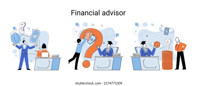 Financial advisor giving advice investment money market analysis management planning for customer. Fiscal consultant professional in finance. Business development successful vested interests metaphor