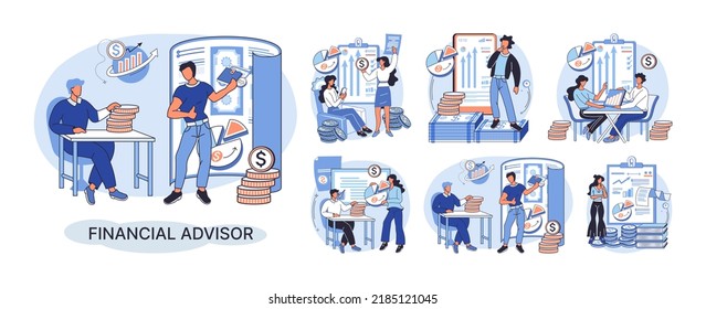 Financial advisor giving advice investment money market analysis management planning for customer. Fiscal consultant professional in finance. Business development successful vested interests metaphor